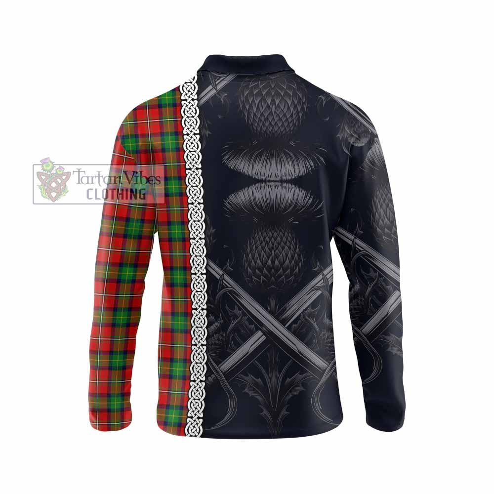 Tartan Vibes Clothing Fairlie Tartan Long Sleeve Polo Shirt with Family Crest Cross Sword Thistle Celtic Vibes