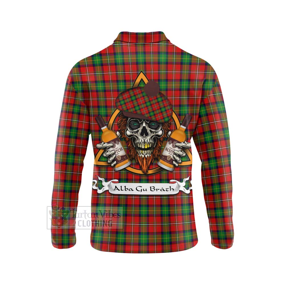 Tartan Vibes Clothing Fairlie Tartan Long Sleeve Polo Shirt with Family Crest and Bearded Skull Holding Bottles of Whiskey