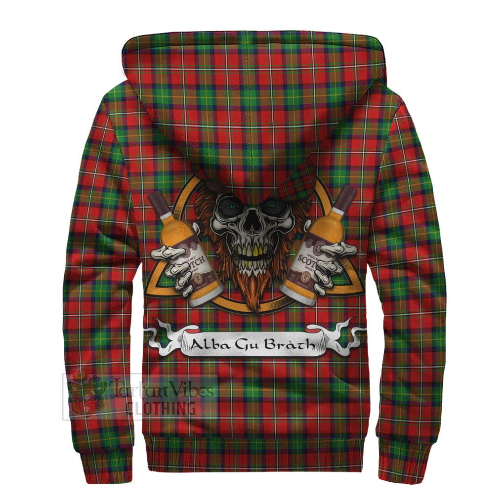 Tartan Vibes Clothing Fairlie Tartan Sherpa Hoodie with Family Crest and Bearded Skull Holding Bottles of Whiskey