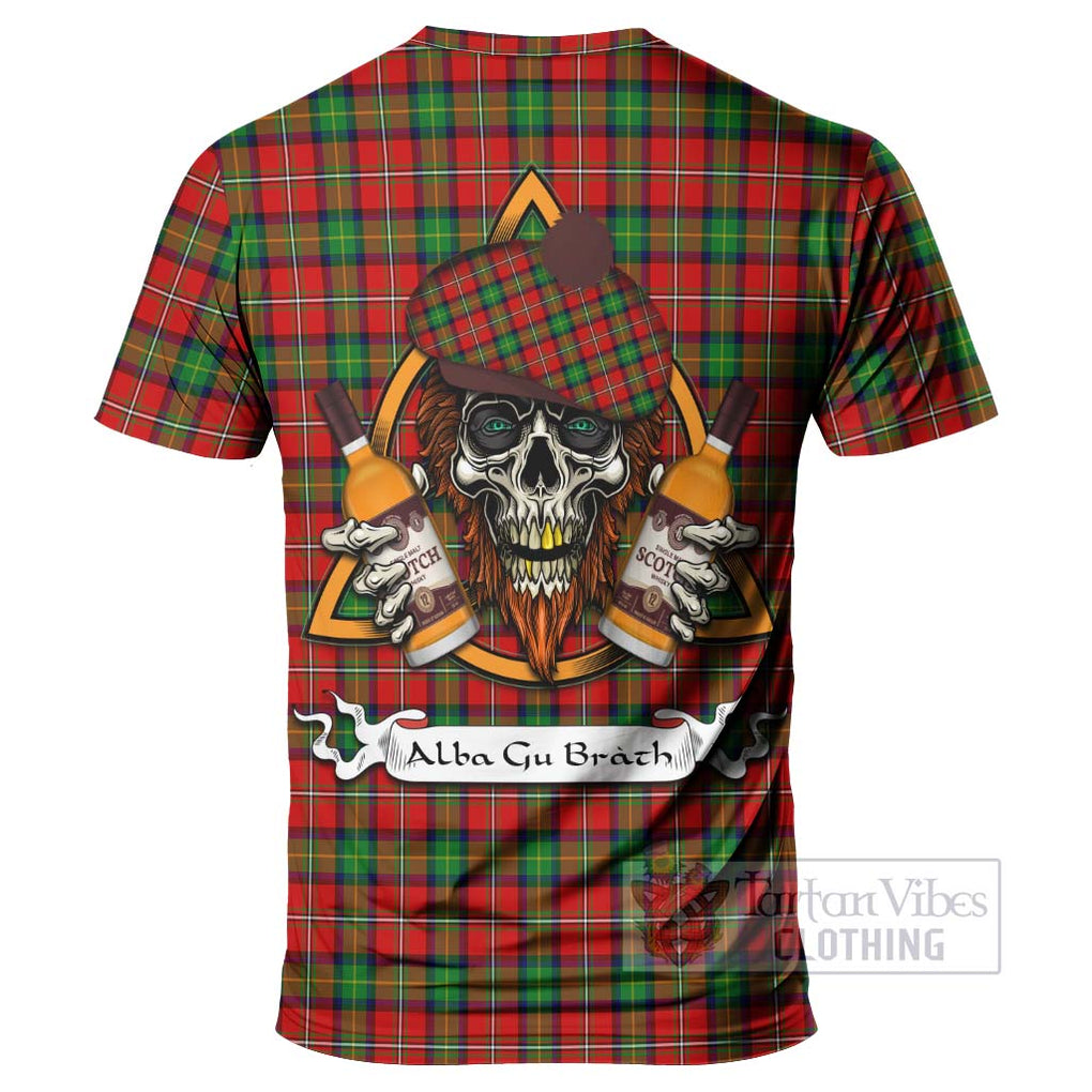 Tartan Vibes Clothing Fairlie Tartan T-Shirt with Family Crest and Bearded Skull Holding Bottles of Whiskey