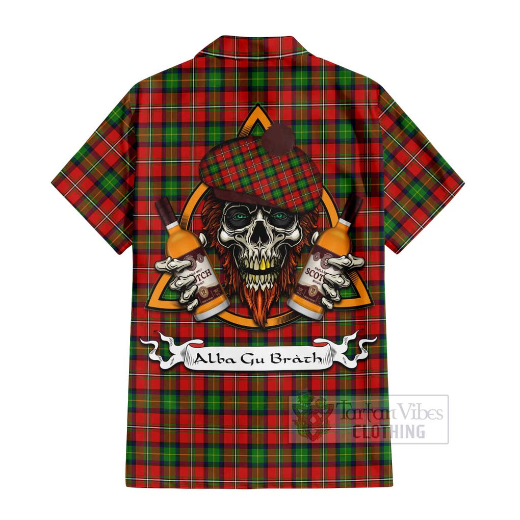 Tartan Vibes Clothing Fairlie Tartan Short Sleeve Button Shirt with Family Crest and Bearded Skull Holding Bottles of Whiskey