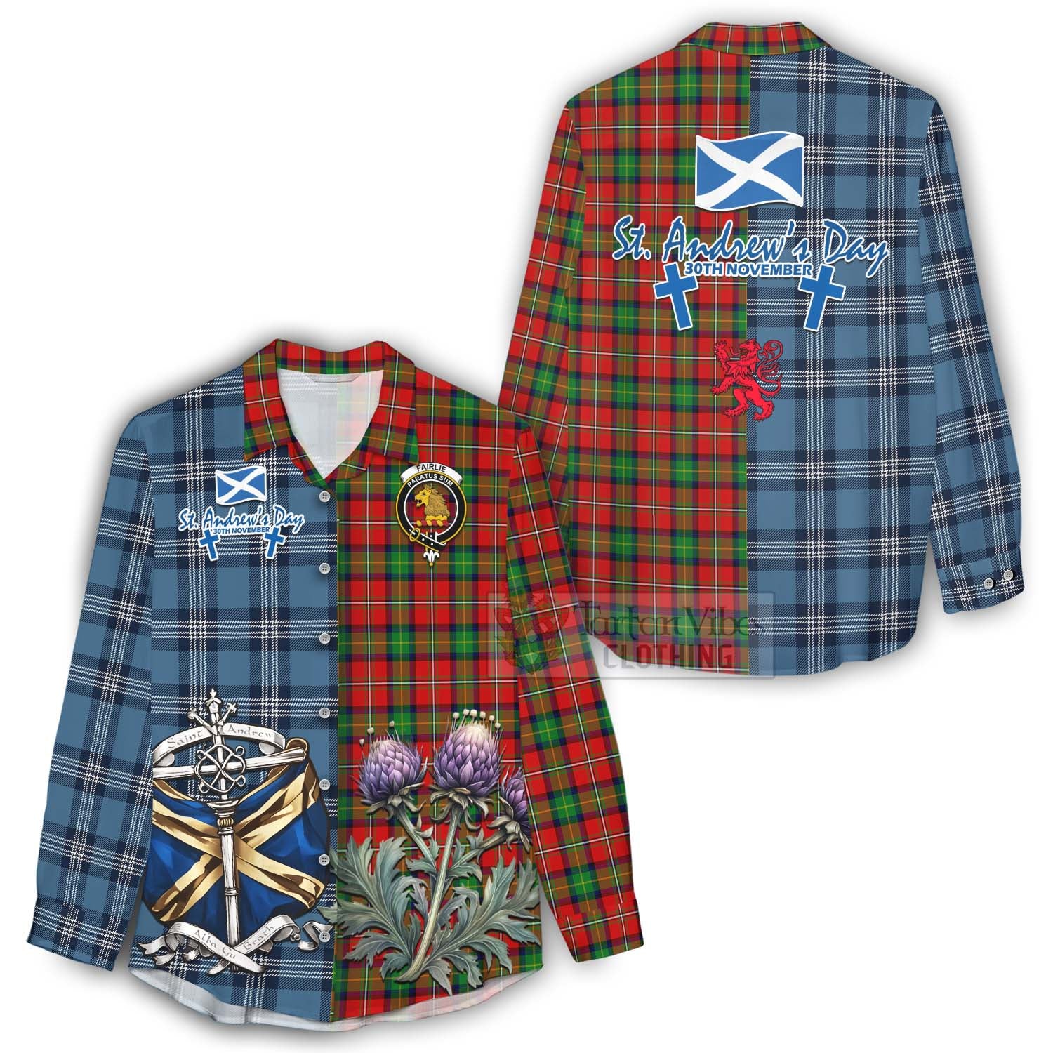 Tartan Vibes Clothing Fairlie Tartan Women's Casual Shirt Happy St. Andrew's Day Half Tartan Style