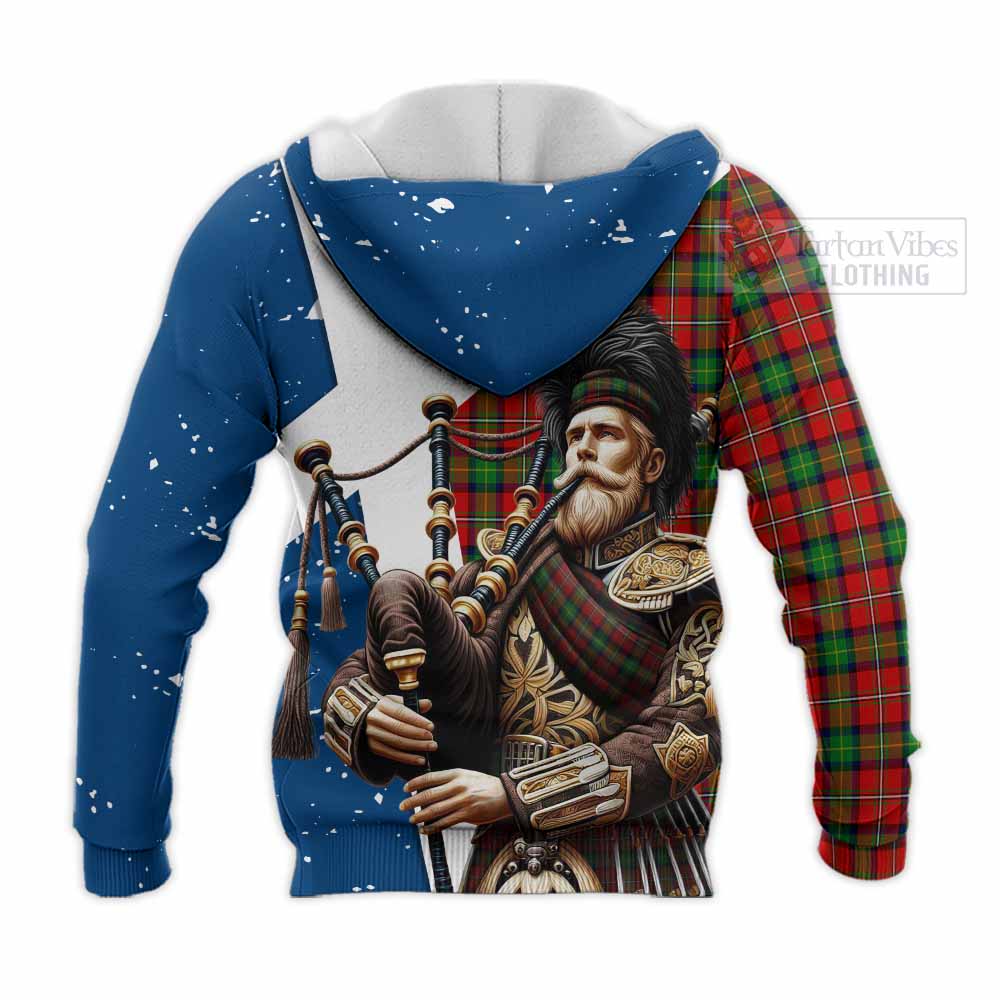 Tartan Vibes Clothing Fairlie Tartan Knitted Hoodie with Family Crest Scottish Bagpiper Vibes