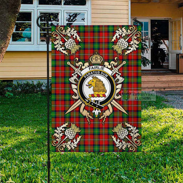 Fairlie Tartan Flag with Family Crest and Golden Thistle Crossed Sword Design