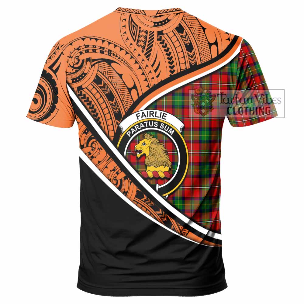 Tartan Vibes Clothing Fairlie Crest Tartan T-Shirt with Maori Tattoo Style - Orange Version