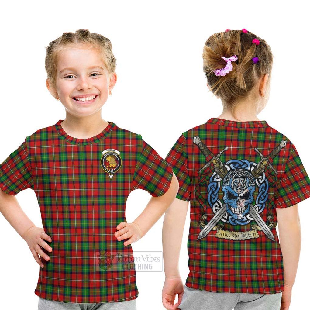 Tartan Vibes Clothing Fairlie Tartan Kid T-Shirt with Family Crest Celtic Skull Style