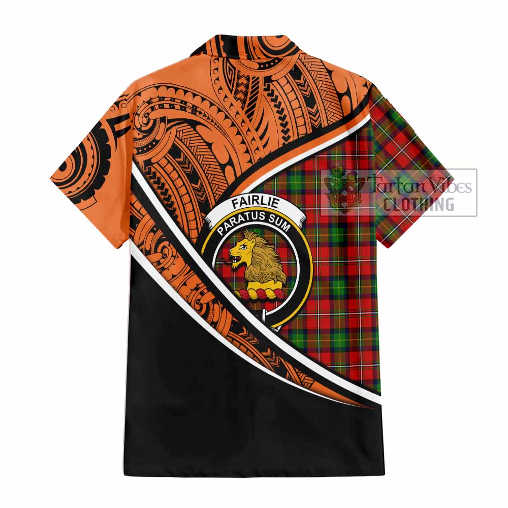 Tartan Vibes Clothing Fairlie Crest Tartan Short Sleeve Button Shirt with Maori Tattoo Style - Orange Version