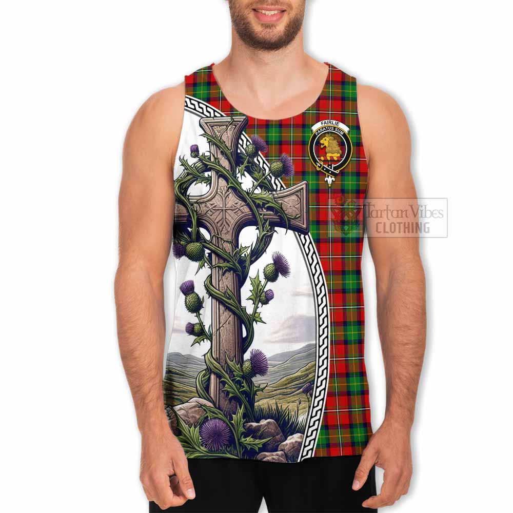 Tartan Vibes Clothing Fairlie Tartan Men's Tank Top with Family Crest and St. Andrew's Cross Accented by Thistle Vines