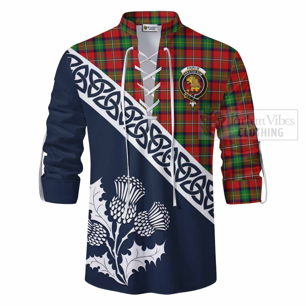 Tartan Vibes Clothing Fairlie Tartan Ghillie Kilt Shirt Featuring Thistle and Scotland Map