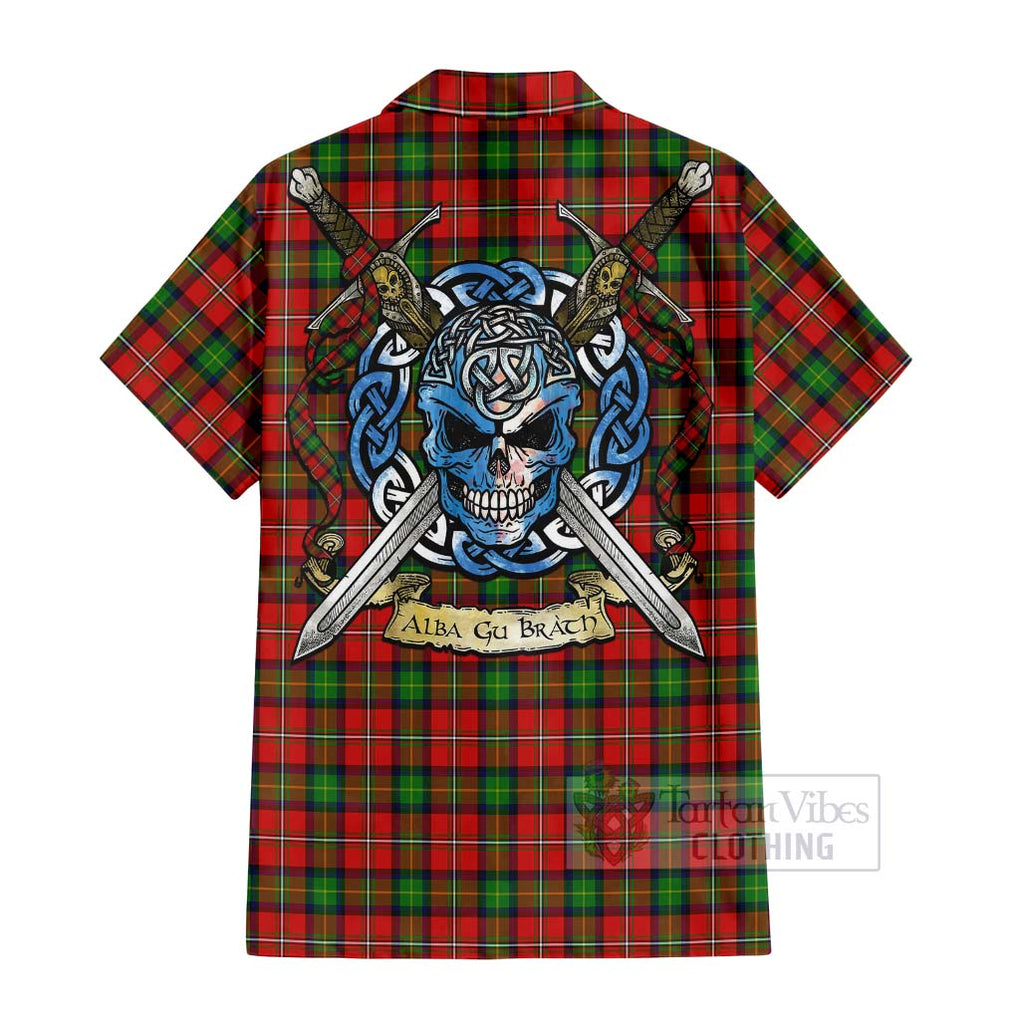 Tartan Vibes Clothing Fairlie Tartan Short Sleeve Button Shirt with Family Crest Celtic Skull Style