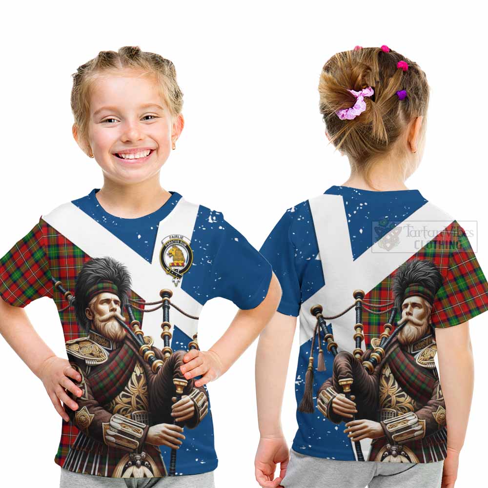 Tartan Vibes Clothing Fairlie Tartan Kid T-Shirt with Family Crest Scottish Bagpiper Vibes