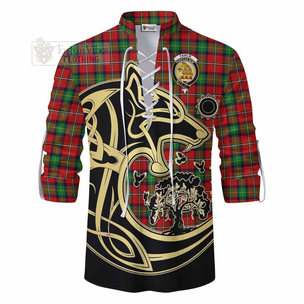 Fairlie Tartan Ghillie Kilt Shirt with Family Crest Celtic Wolf Style - Tartan Vibes Clothing