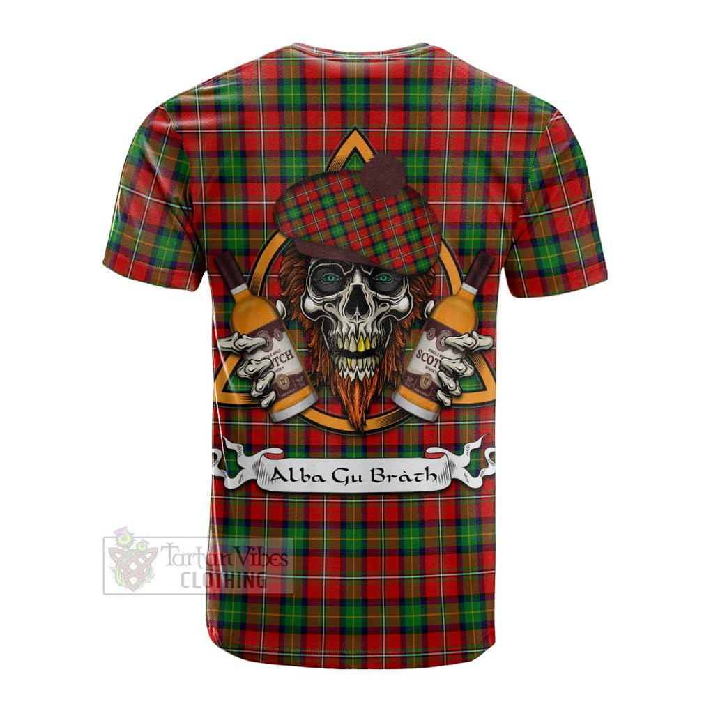 Tartan Vibes Clothing Fairlie Tartan Cotton T-shirt with Family Crest and Bearded Skull Holding Bottles of Whiskey