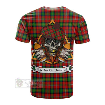 Fairlie Tartan Cotton T-shirt with Family Crest and Bearded Skull Holding Bottles of Whiskey