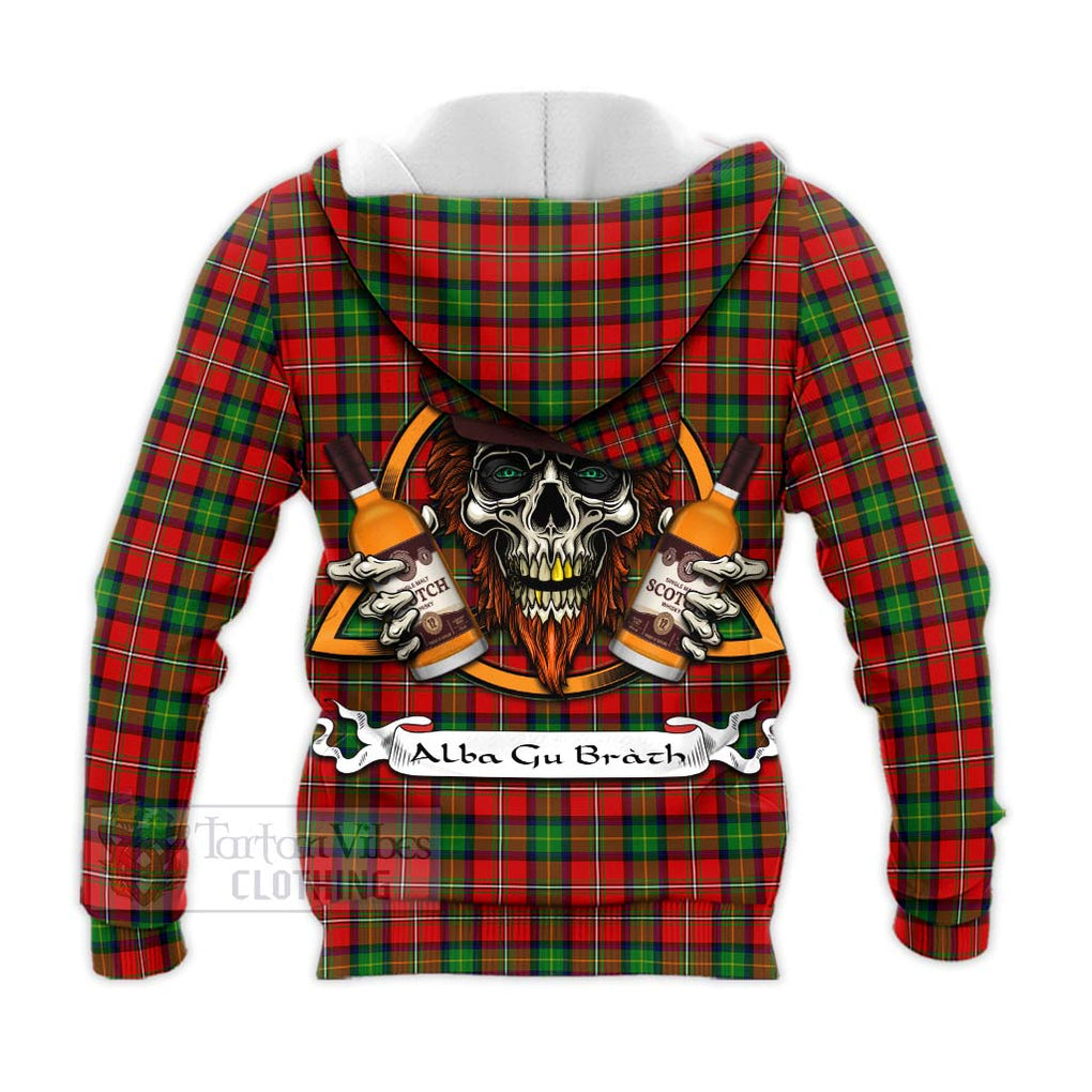 Tartan Vibes Clothing Fairlie Tartan Knitted Hoodie with Family Crest and Bearded Skull Holding Bottles of Whiskey