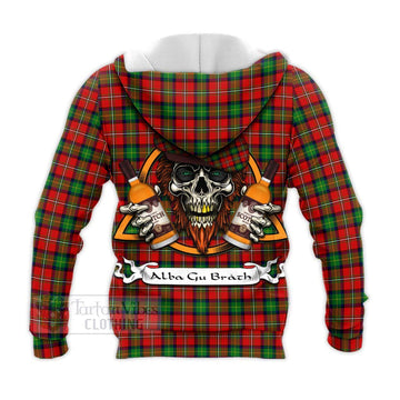 Fairlie Tartan Knitted Hoodie with Family Crest and Bearded Skull Holding Bottles of Whiskey