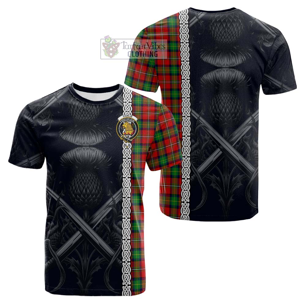 Tartan Vibes Clothing Fairlie Tartan Cotton T-shirt with Family Crest Cross Sword Thistle Celtic Vibes