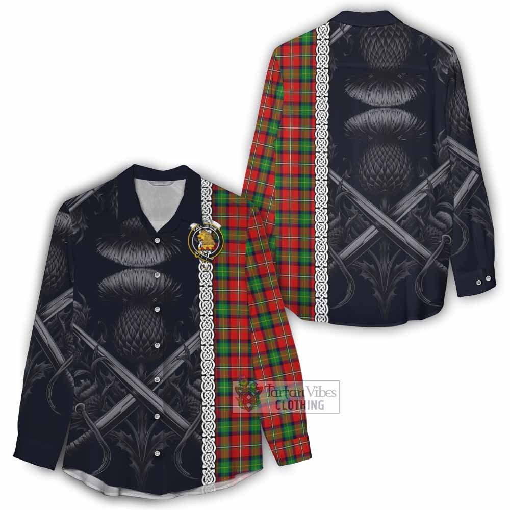 Tartan Vibes Clothing Fairlie Tartan Women's Casual Shirt with Family Crest Cross Sword Thistle Celtic Vibes