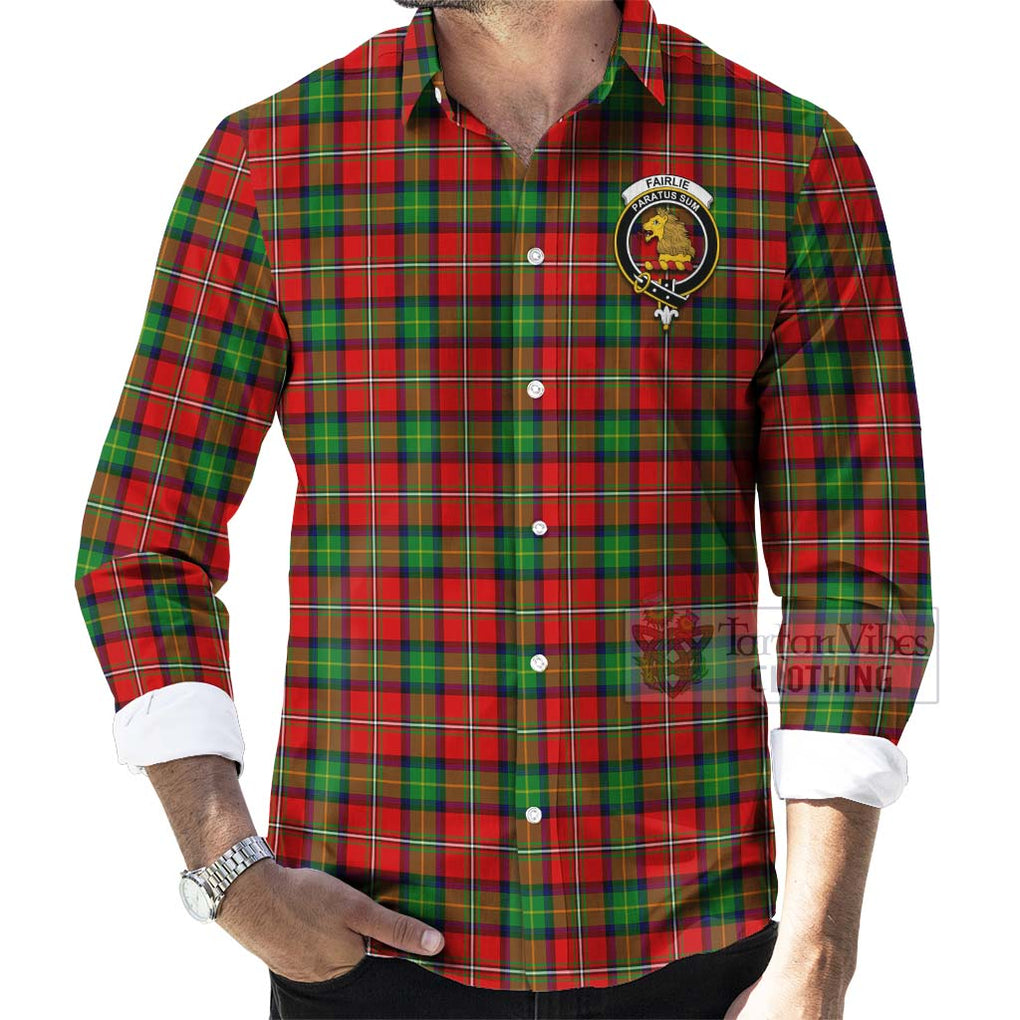 Tartan Vibes Clothing Fairlie Tartan Long Sleeve Button Shirt with Family Crest and Bearded Skull Holding Bottles of Whiskey