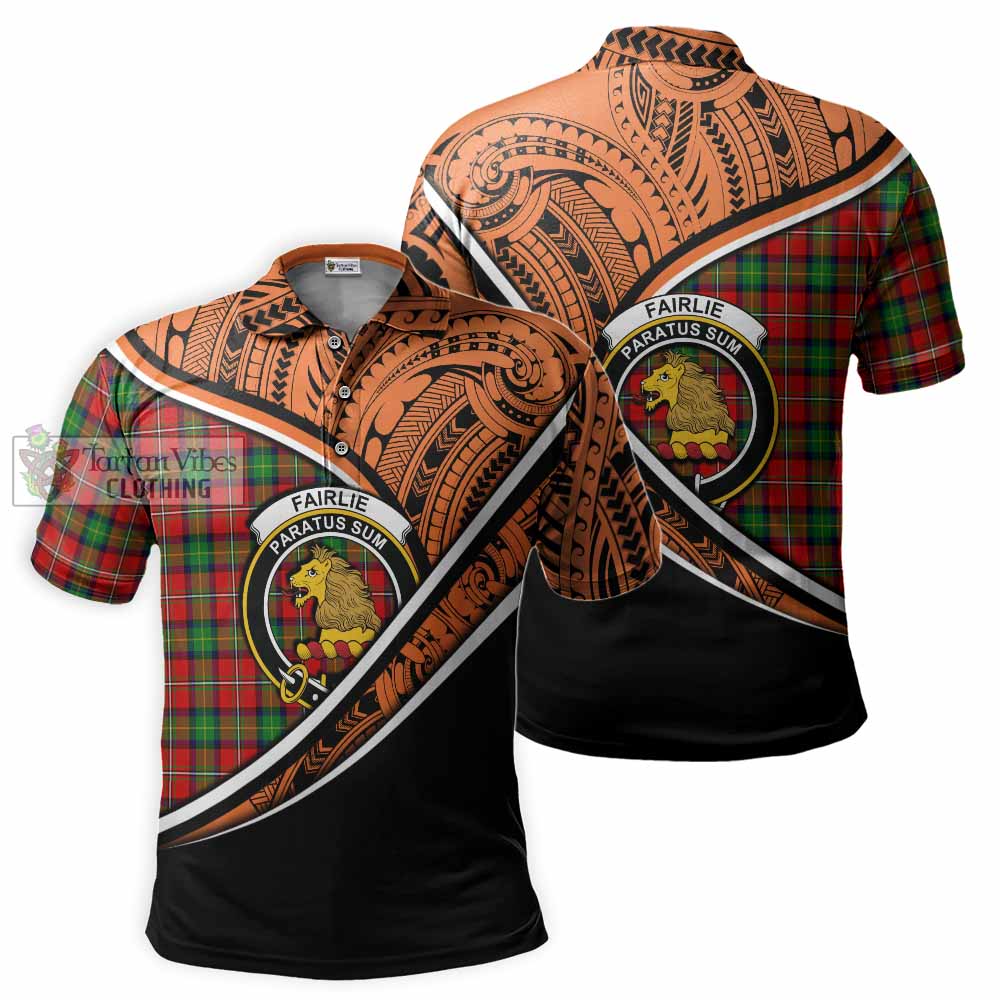 Tartan Vibes Clothing Fairlie Crest Tartan Polo Shirt with Maori Tattoo Style - Orange Version