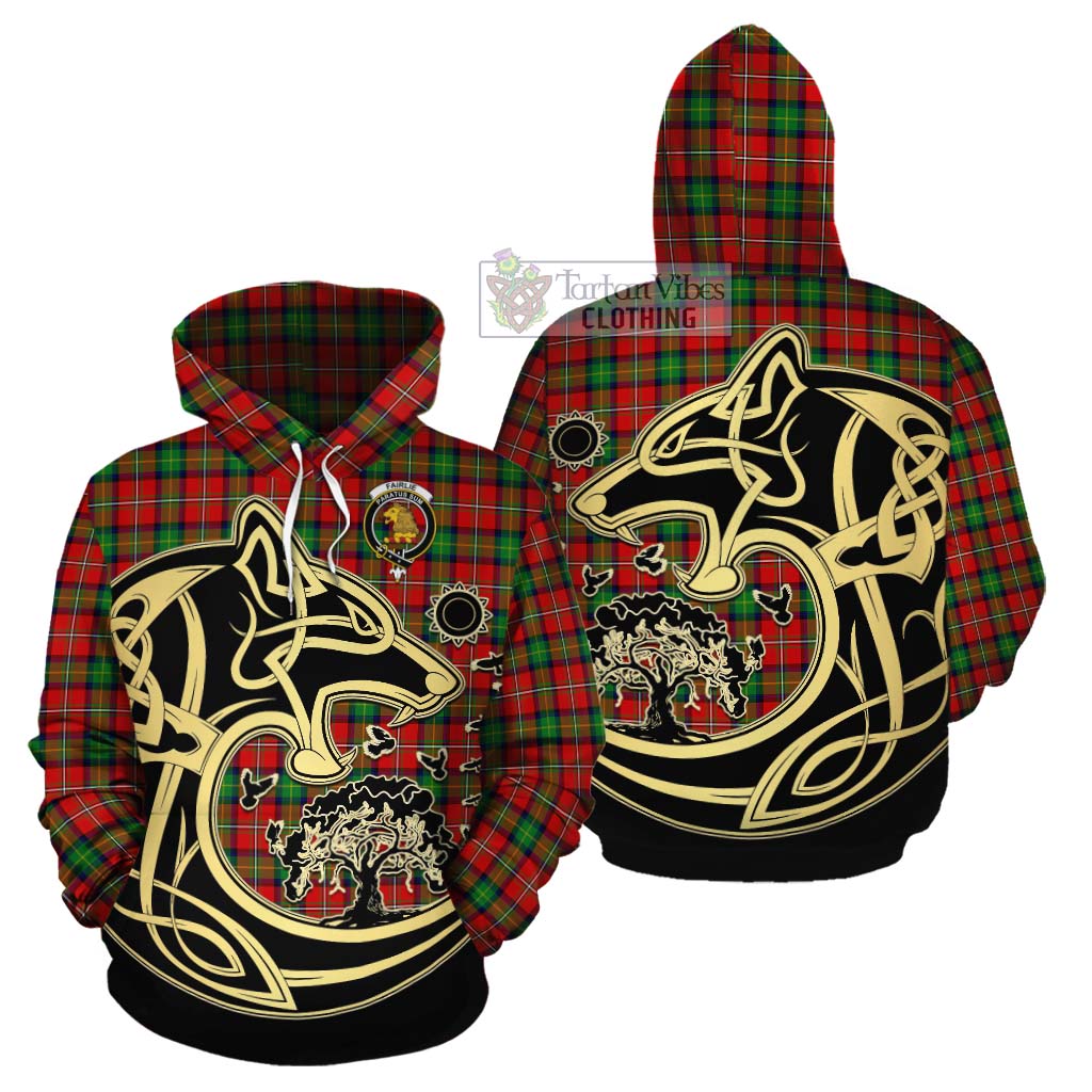 Tartan Vibes Clothing Fairlie Tartan Cotton Hoodie with Family Crest Celtic Wolf Style