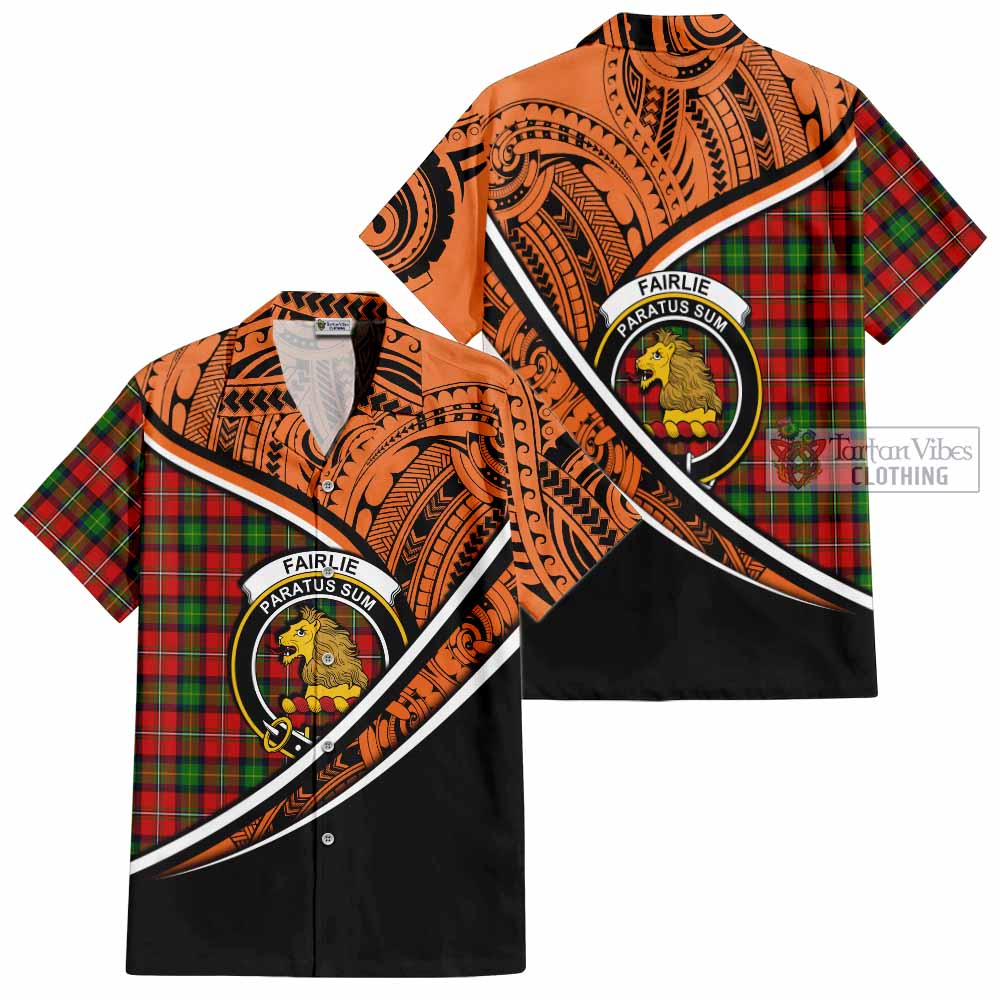 Tartan Vibes Clothing Fairlie Crest Tartan Short Sleeve Button Shirt with Maori Tattoo Style - Orange Version