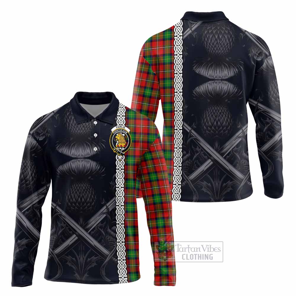 Tartan Vibes Clothing Fairlie Tartan Long Sleeve Polo Shirt with Family Crest Cross Sword Thistle Celtic Vibes