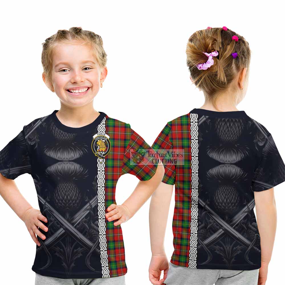 Tartan Vibes Clothing Fairlie Tartan Kid T-Shirt with Family Crest Cross Sword Thistle Celtic Vibes