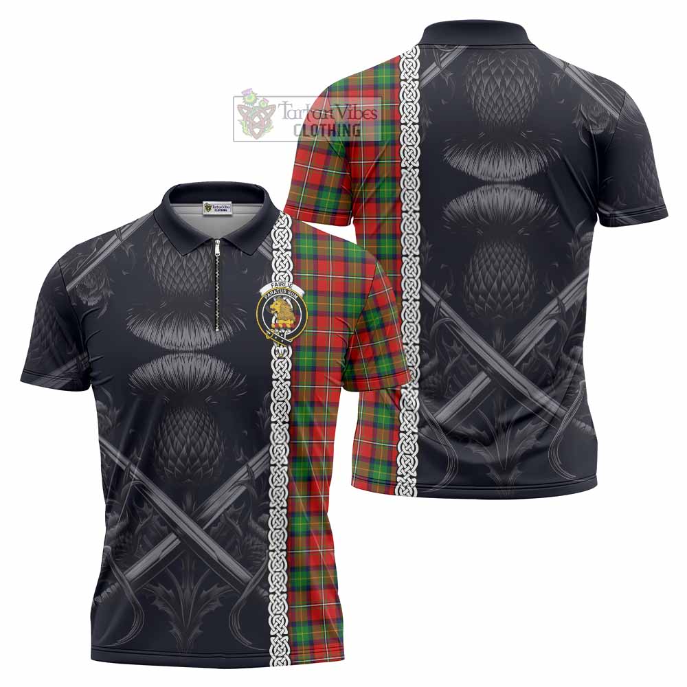 Tartan Vibes Clothing Fairlie Tartan Zipper Polo Shirt with Family Crest Cross Sword Thistle Celtic Vibes