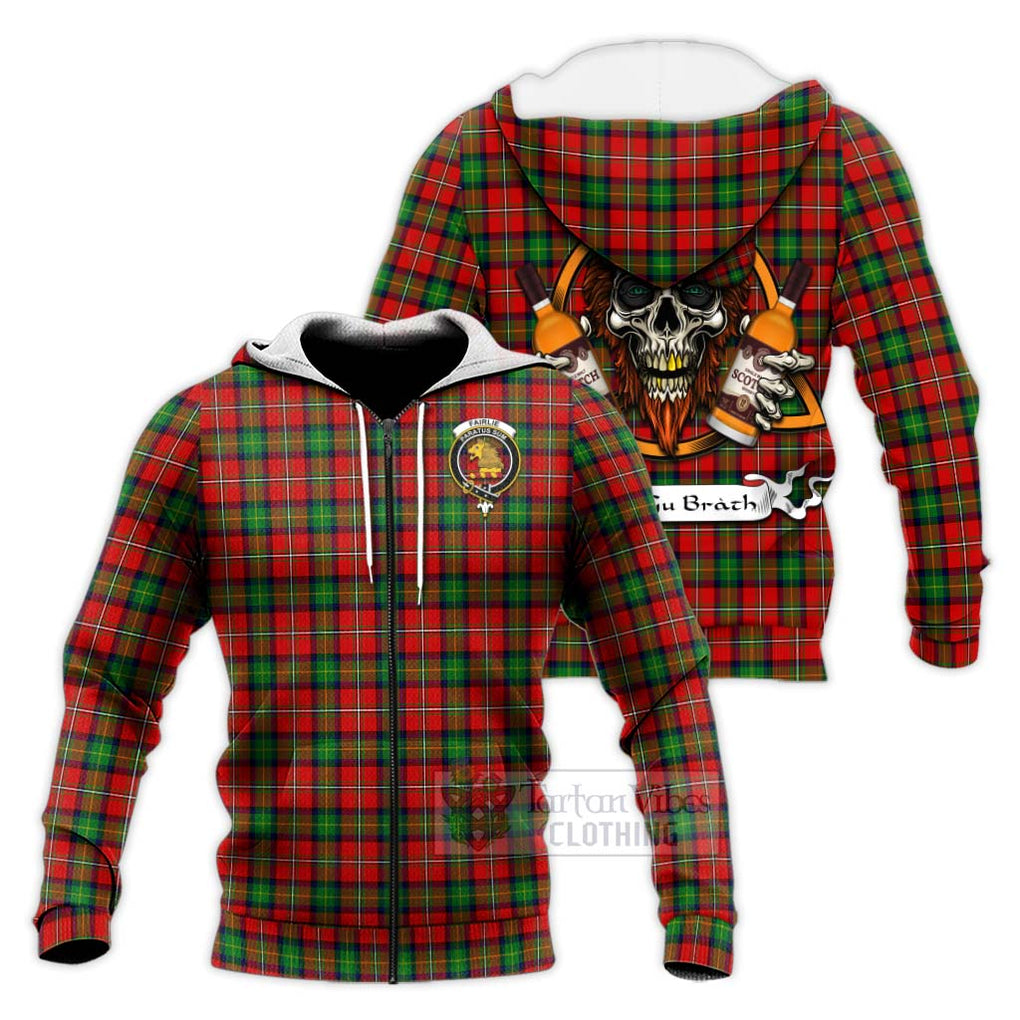 Tartan Vibes Clothing Fairlie Tartan Knitted Hoodie with Family Crest and Bearded Skull Holding Bottles of Whiskey