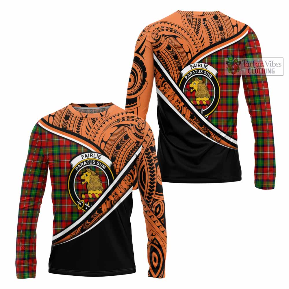 Tartan Vibes Clothing Fairlie Crest Tartan Long Sleeve T-Shirt with Maori Tattoo Style - Orange Version