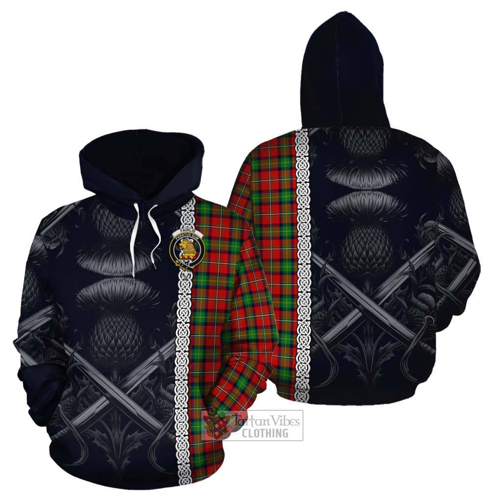 Tartan Vibes Clothing Fairlie Tartan Cotton Hoodie with Family Crest Cross Sword Thistle Celtic Vibes