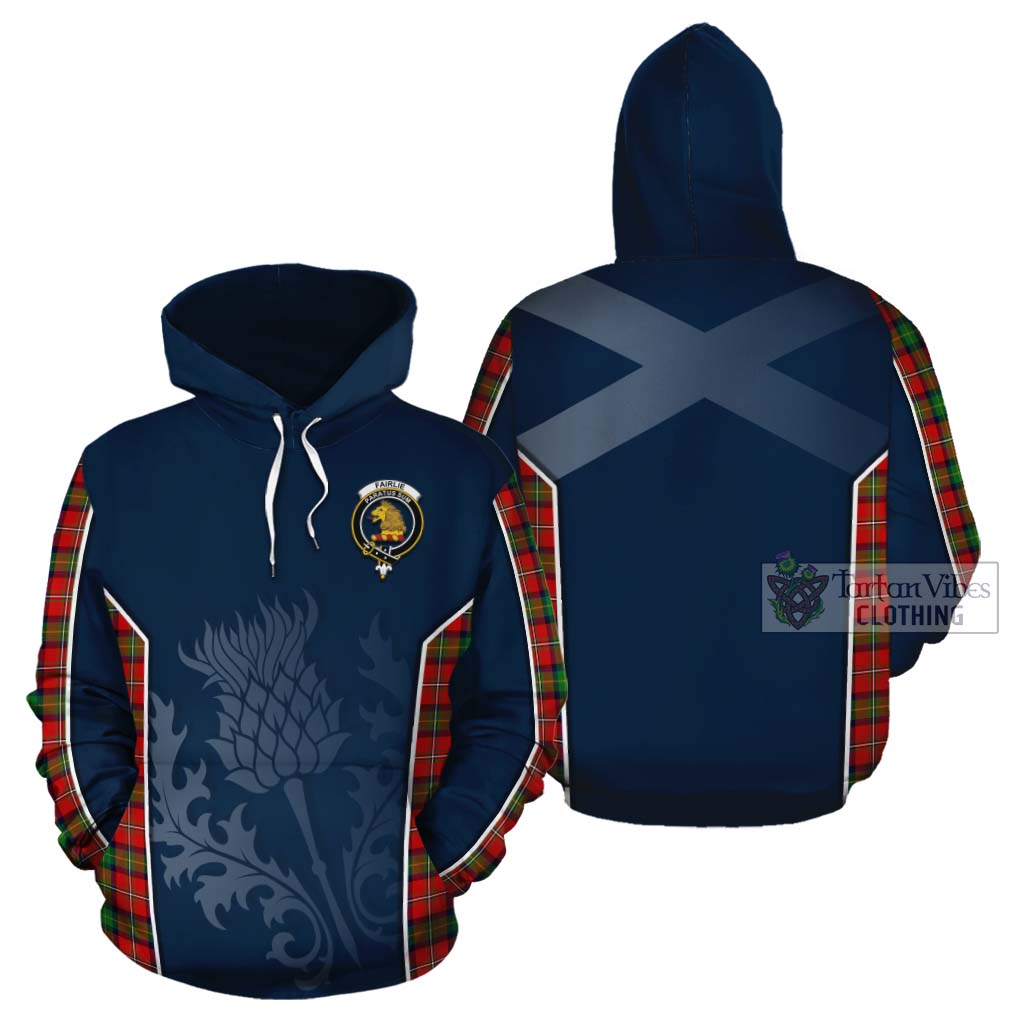 Tartan Vibes Clothing Fairlie Tartan Cotton Hoodie with Family Crest and Scottish Thistle Vibes Sport Style