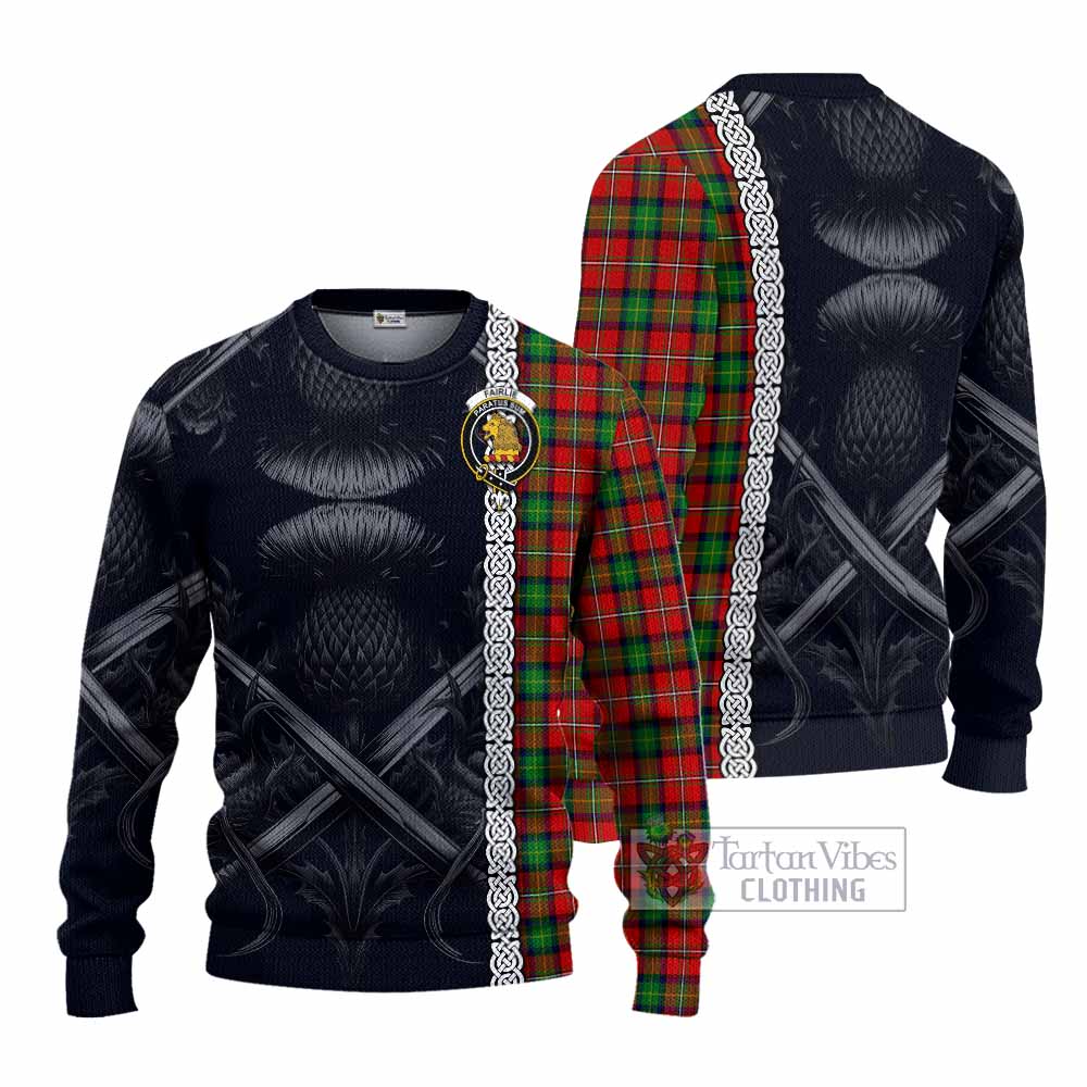 Tartan Vibes Clothing Fairlie Tartan Knitted Sweater with Family Crest Cross Sword Thistle Celtic Vibes