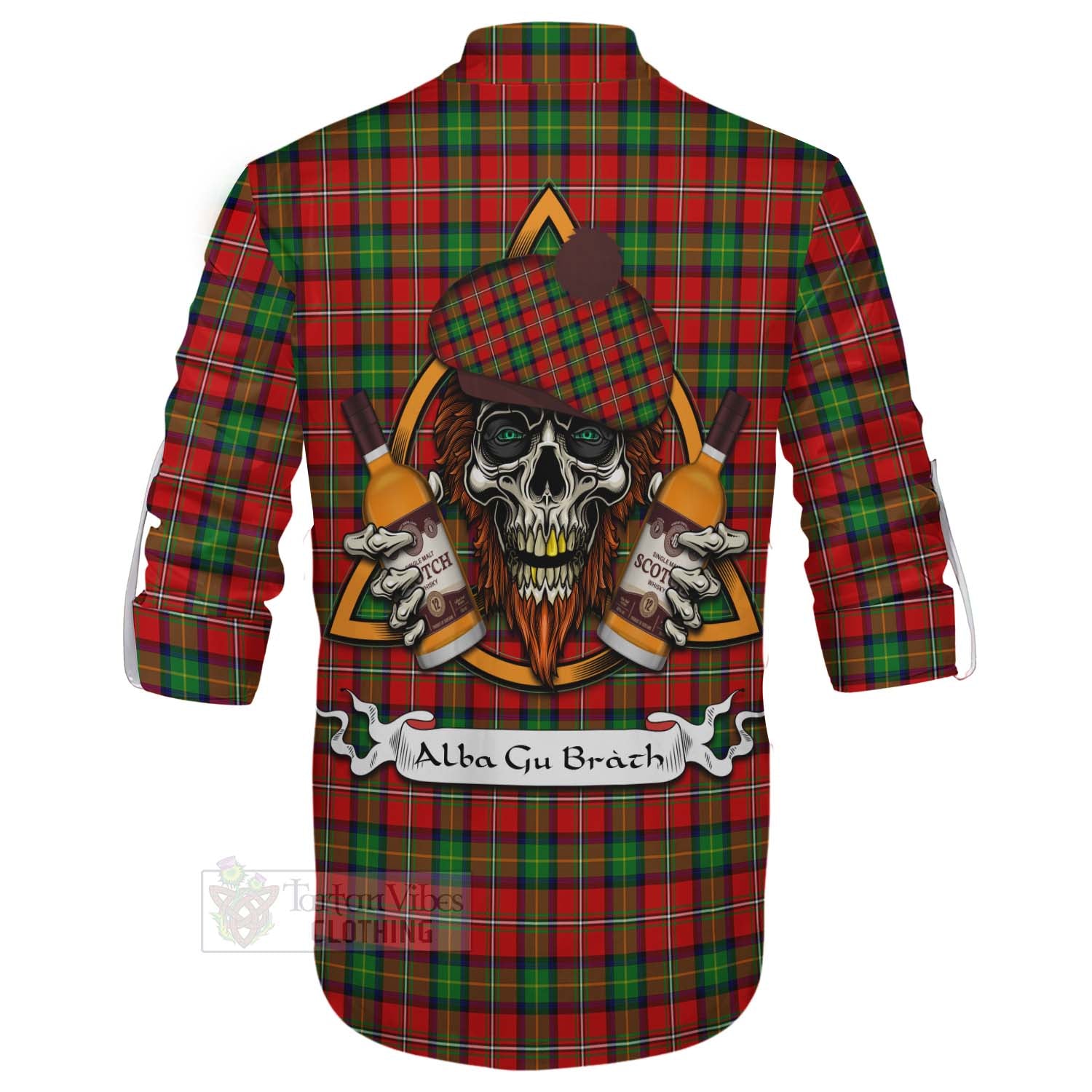 Tartan Vibes Clothing Fairlie Tartan Ghillie Kilt Shirt with Family Crest and Bearded Skull Holding Bottles of Whiskey