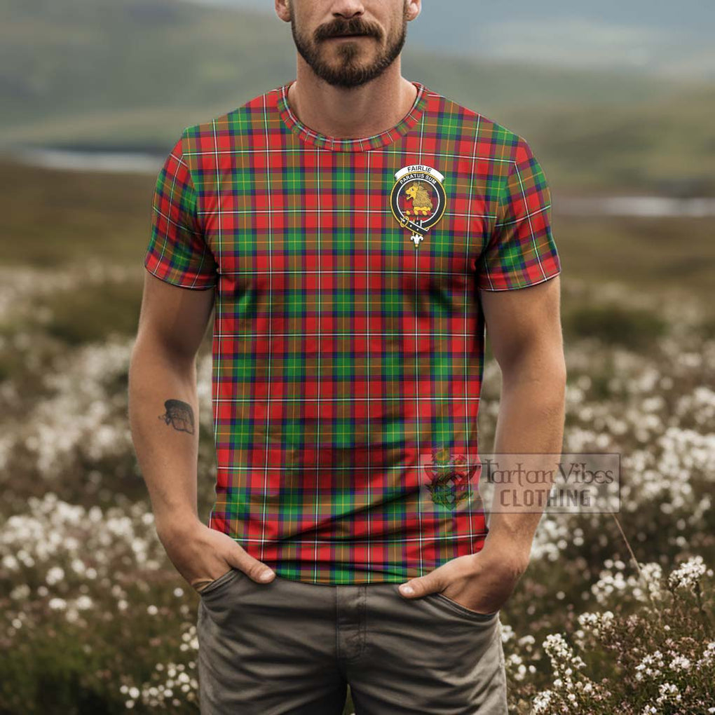 Tartan Vibes Clothing Fairlie Tartan T-Shirt with Family Crest and Bearded Skull Holding Bottles of Whiskey