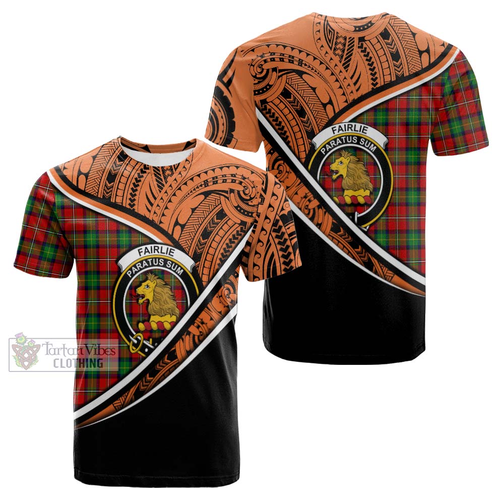 Tartan Vibes Clothing Fairlie Crest Tartan Cotton T-shirt with Maori Tattoo Style - Orange Version