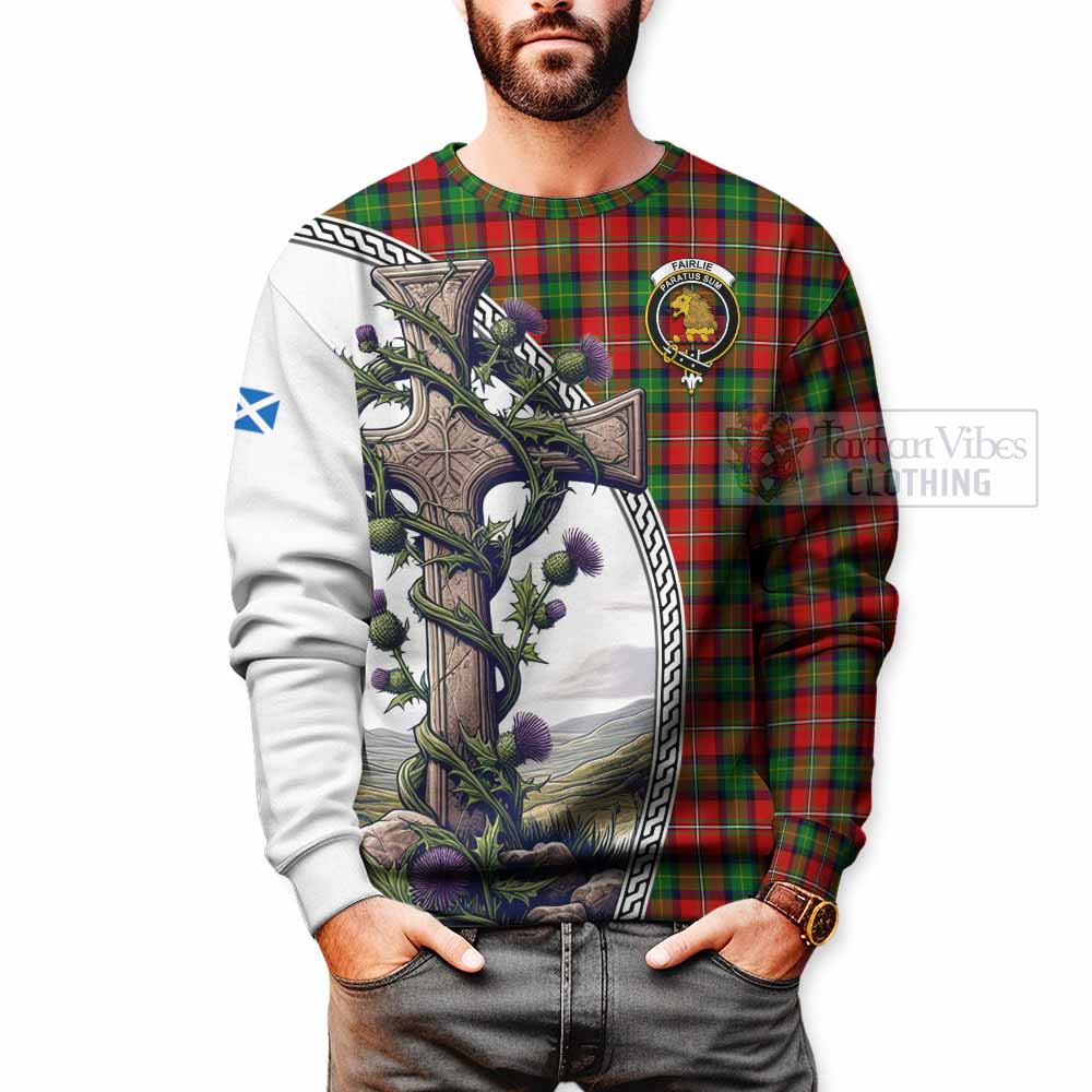 Tartan Vibes Clothing Fairlie Tartan Sweatshirt with Family Crest and St. Andrew's Cross Accented by Thistle Vines