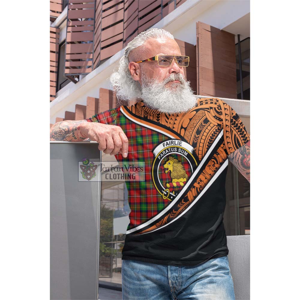 Tartan Vibes Clothing Fairlie Crest Tartan Cotton T-shirt with Maori Tattoo Style - Orange Version