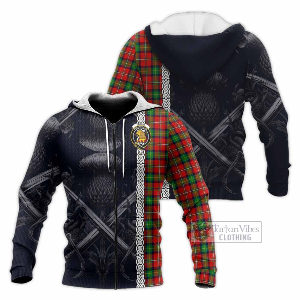 Tartan Vibes Clothing Fairlie Tartan Knitted Hoodie with Family Crest Cross Sword Thistle Celtic Vibes