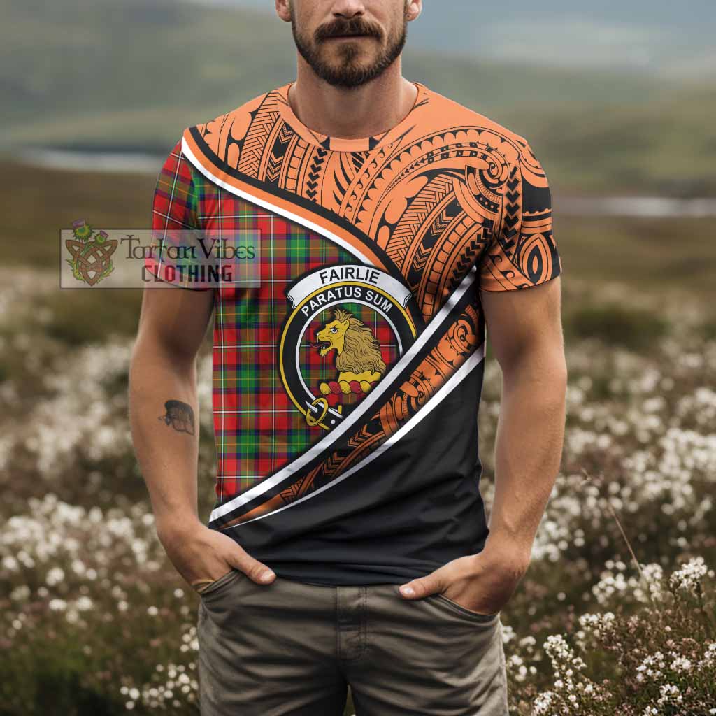 Tartan Vibes Clothing Fairlie Crest Tartan T-Shirt with Maori Tattoo Style - Orange Version