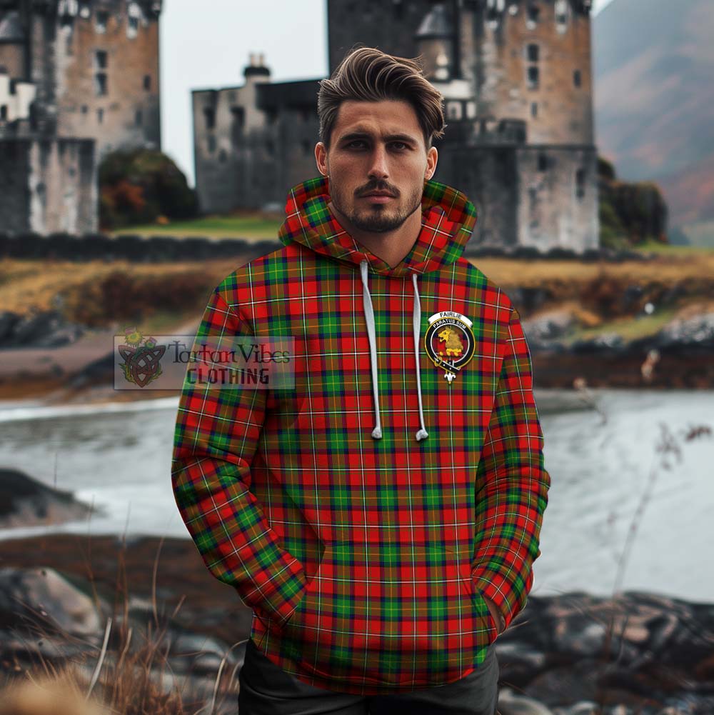 Tartan Vibes Clothing Fairlie Tartan Cotton Hoodie with Family Crest and Bearded Skull Holding Bottles of Whiskey