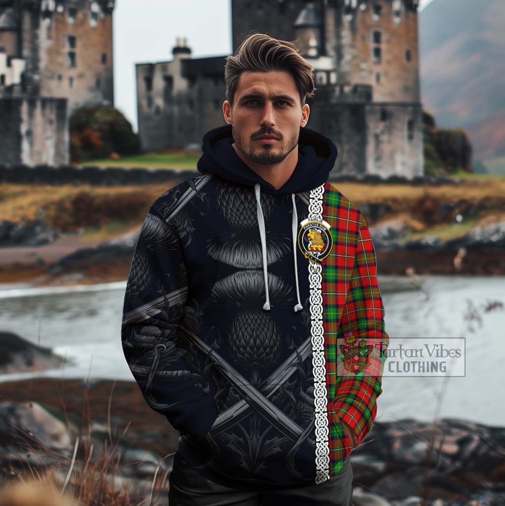 Tartan Vibes Clothing Fairlie Tartan Cotton Hoodie with Family Crest Cross Sword Thistle Celtic Vibes