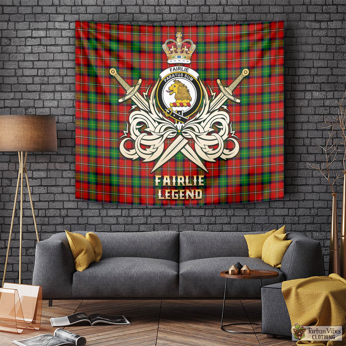 Tartan Vibes Clothing Fairlie Modern Tartan Tapestry with Clan Crest and the Golden Sword of Courageous Legacy