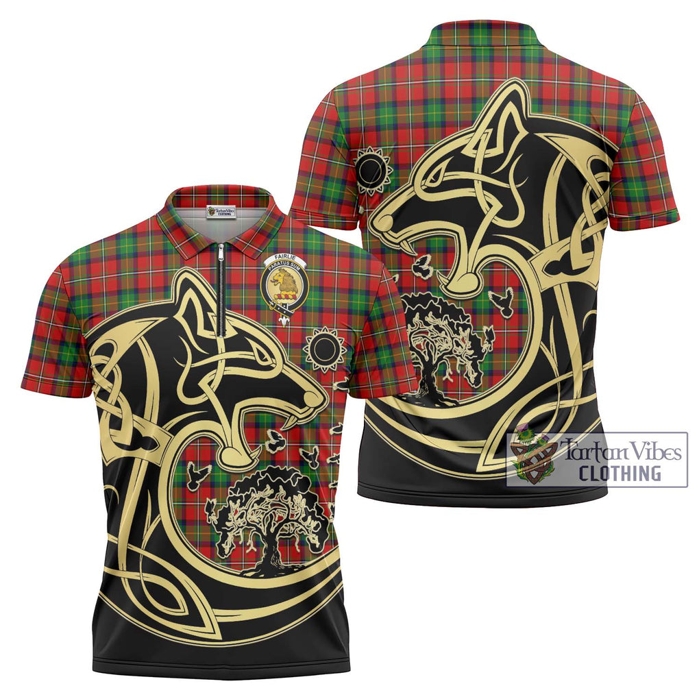 Fairlie Tartan Zipper Polo Shirt with Family Crest Celtic Wolf Style Unisex - Tartanvibesclothing Shop