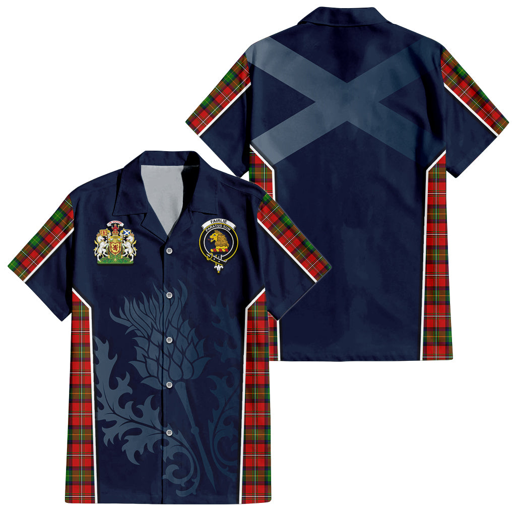 Tartan Vibes Clothing Fairlie Modern Tartan Short Sleeve Button Up Shirt with Family Crest and Scottish Thistle Vibes Sport Style