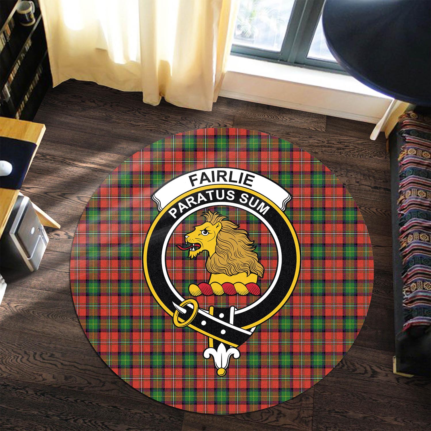 Fairlie Modern Tartan Round Rug with Family Crest - Tartanvibesclothing