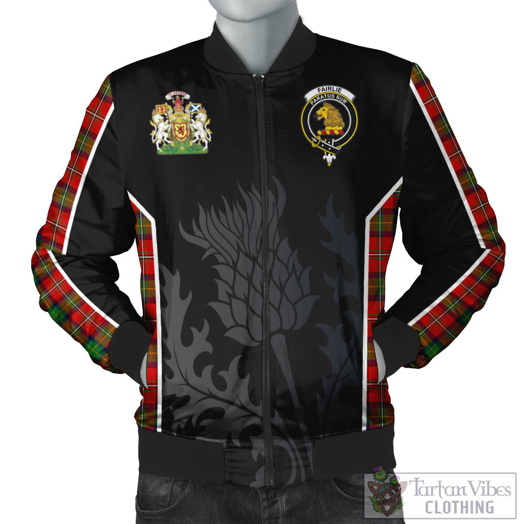 Tartan Vibes Clothing Fairlie Modern Tartan Bomber Jacket with Family Crest and Scottish Thistle Vibes Sport Style