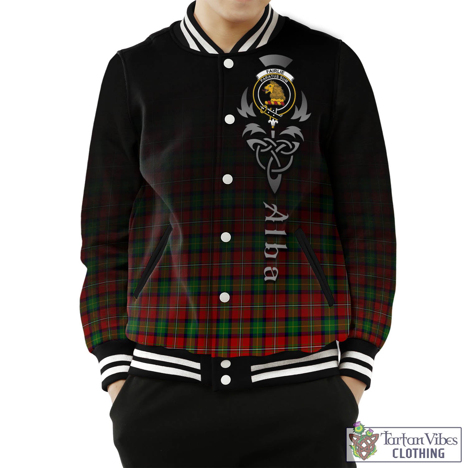 Tartan Vibes Clothing Fairlie Modern Tartan Baseball Jacket Featuring Alba Gu Brath Family Crest Celtic Inspired