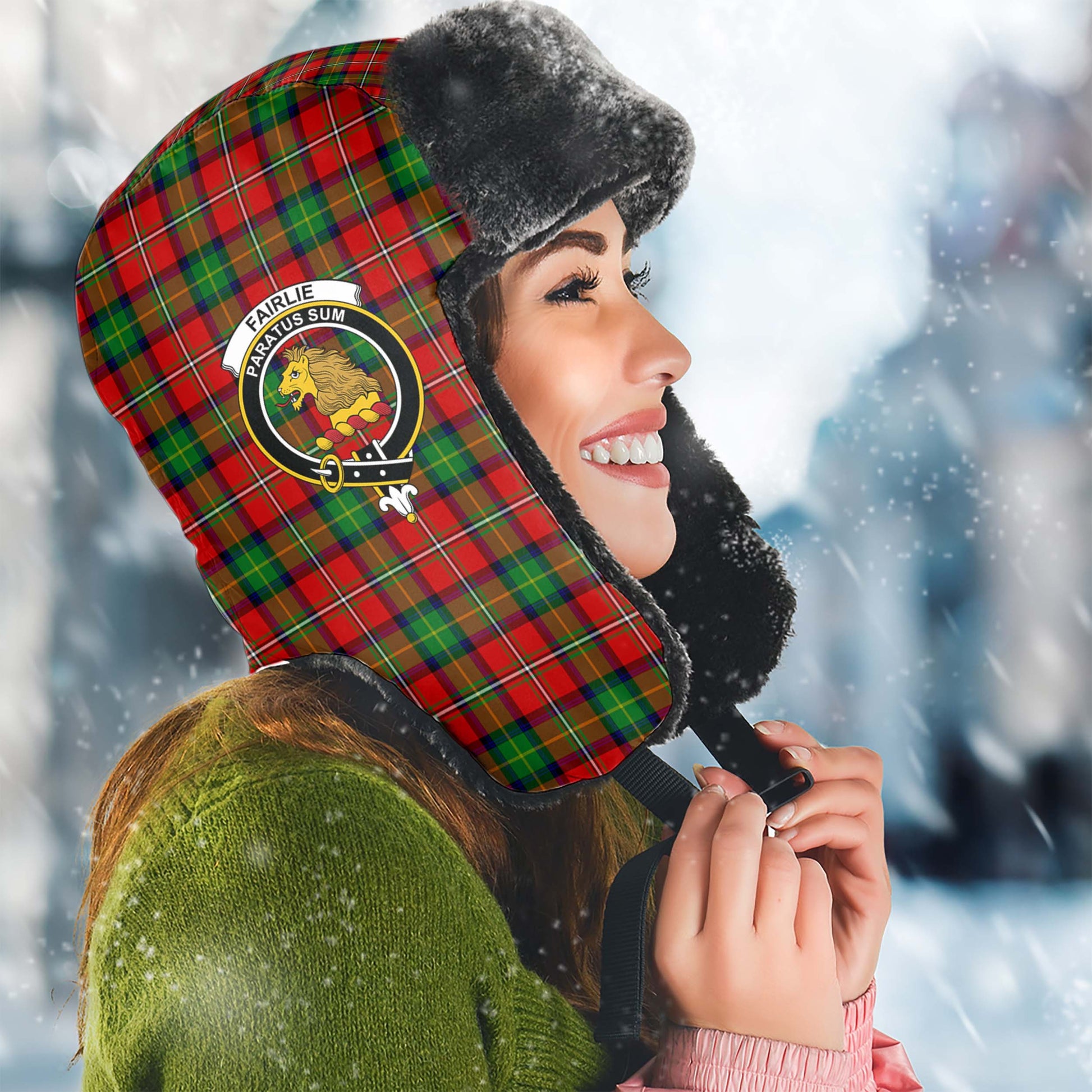 Fairlie Modern Tartan Winter Trapper Hat with Family Crest Winter Trapper Hat Universal Fit Circumference 22.8in (58cm) - Tartanvibesclothing